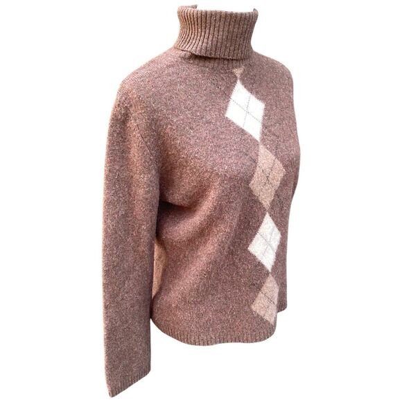 Deane & White Lambswool Argyle Turtleneck Sweater Brown Size L Cabincore - Picture 2 of 11